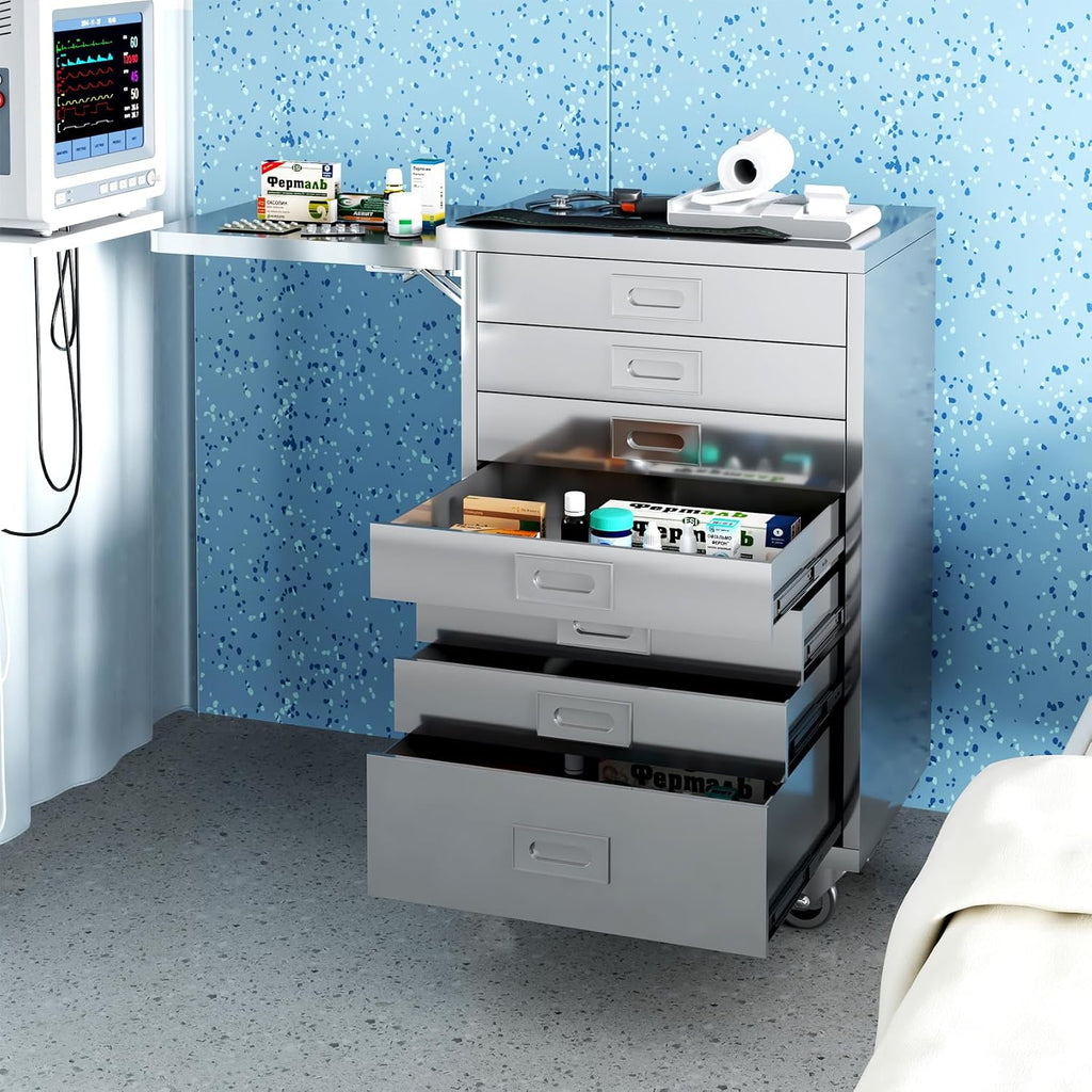 Stainless Steel Medical Dental Cabinet Cart with 7 Drawers, Mobile Storage