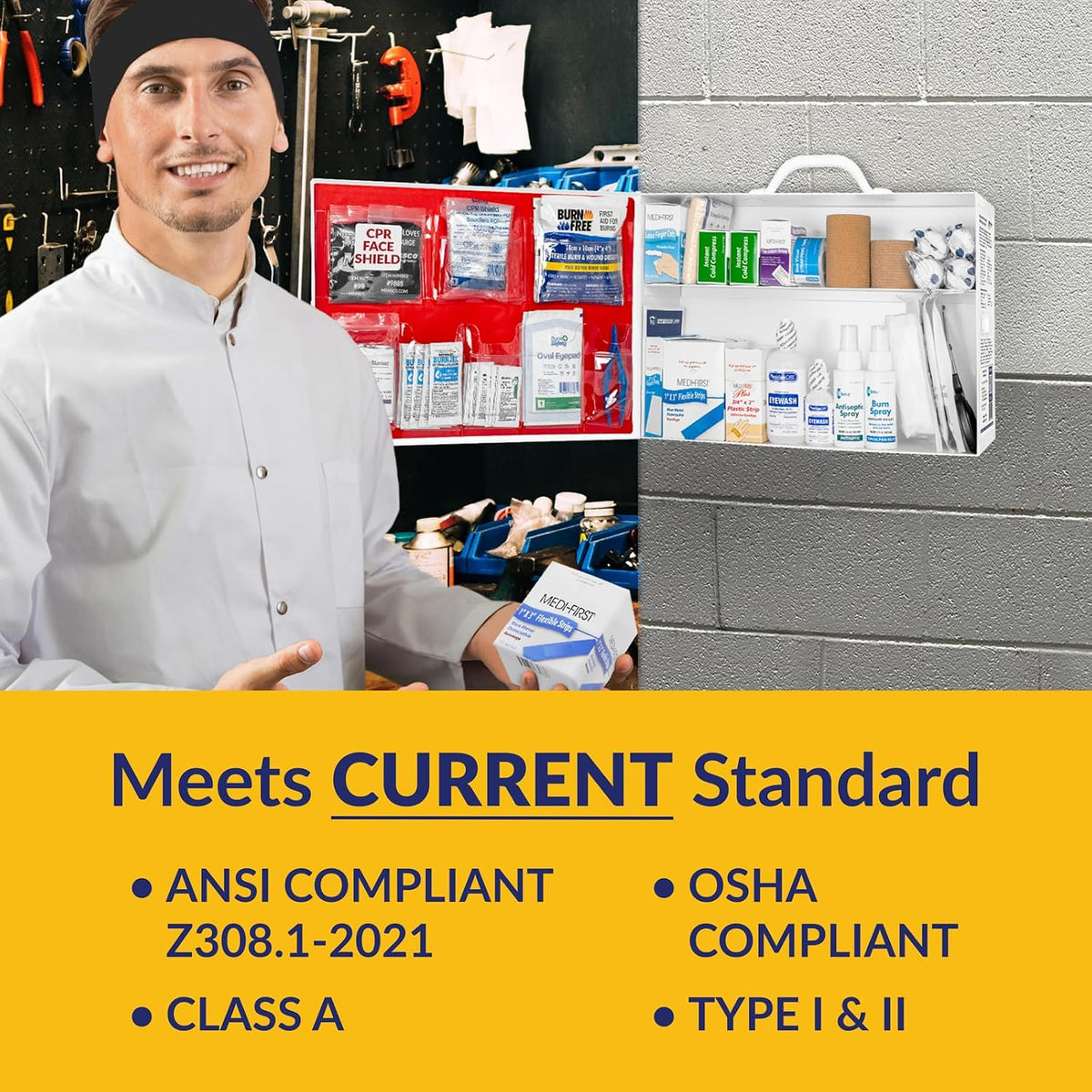 MFASCO Restaurant First Aid Kit - 2 Shelf Metal Cabinet, OSHA 2021 Class A