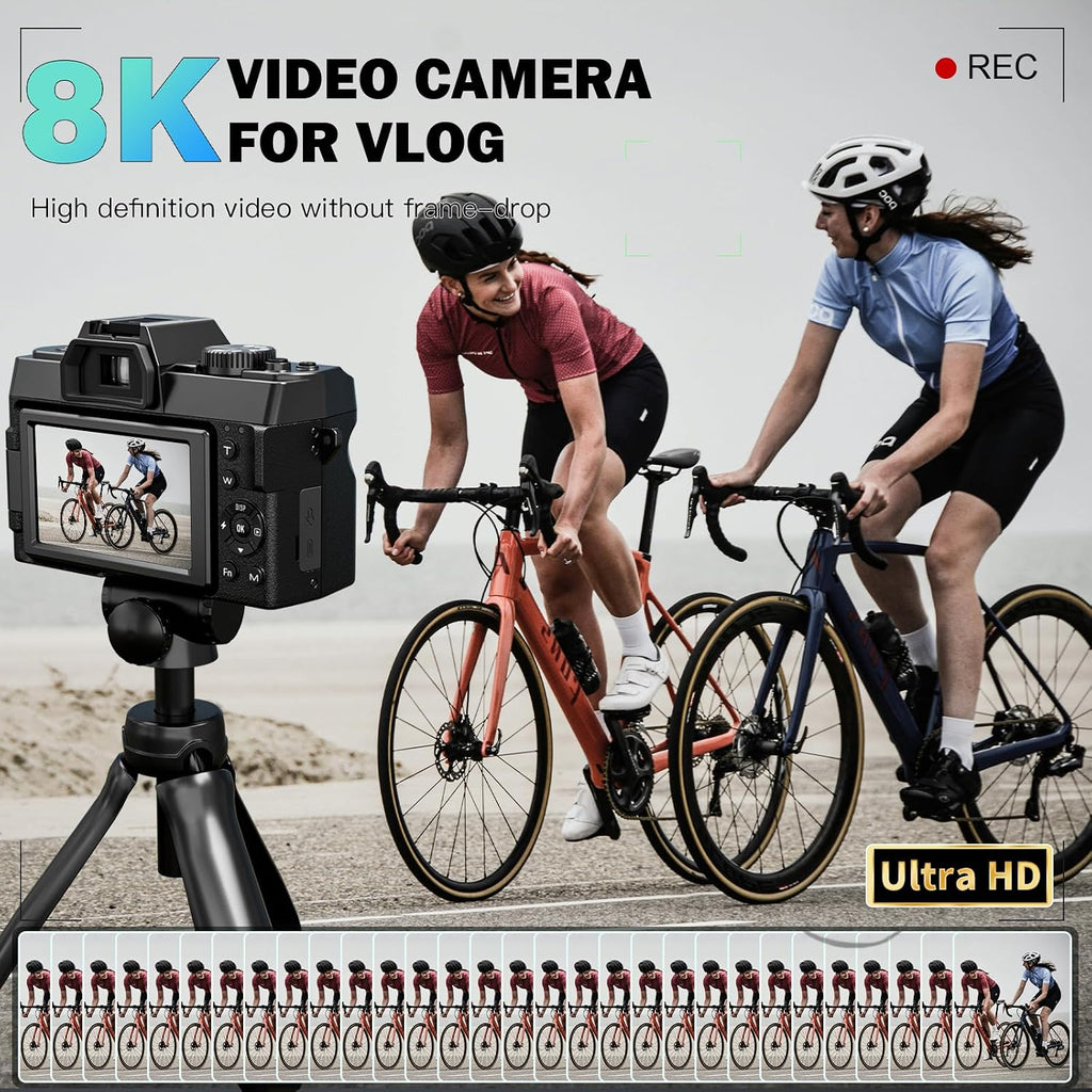 8K Digital Camera 64MP with WiFi & 180Â° Flip Screen, F1.8 Lens 16X Zoom Vlogging Camera for YouTube, Dual Battery 200Mins Recording, External Mic, 64GB TF Card for Beginners Travel (Black)