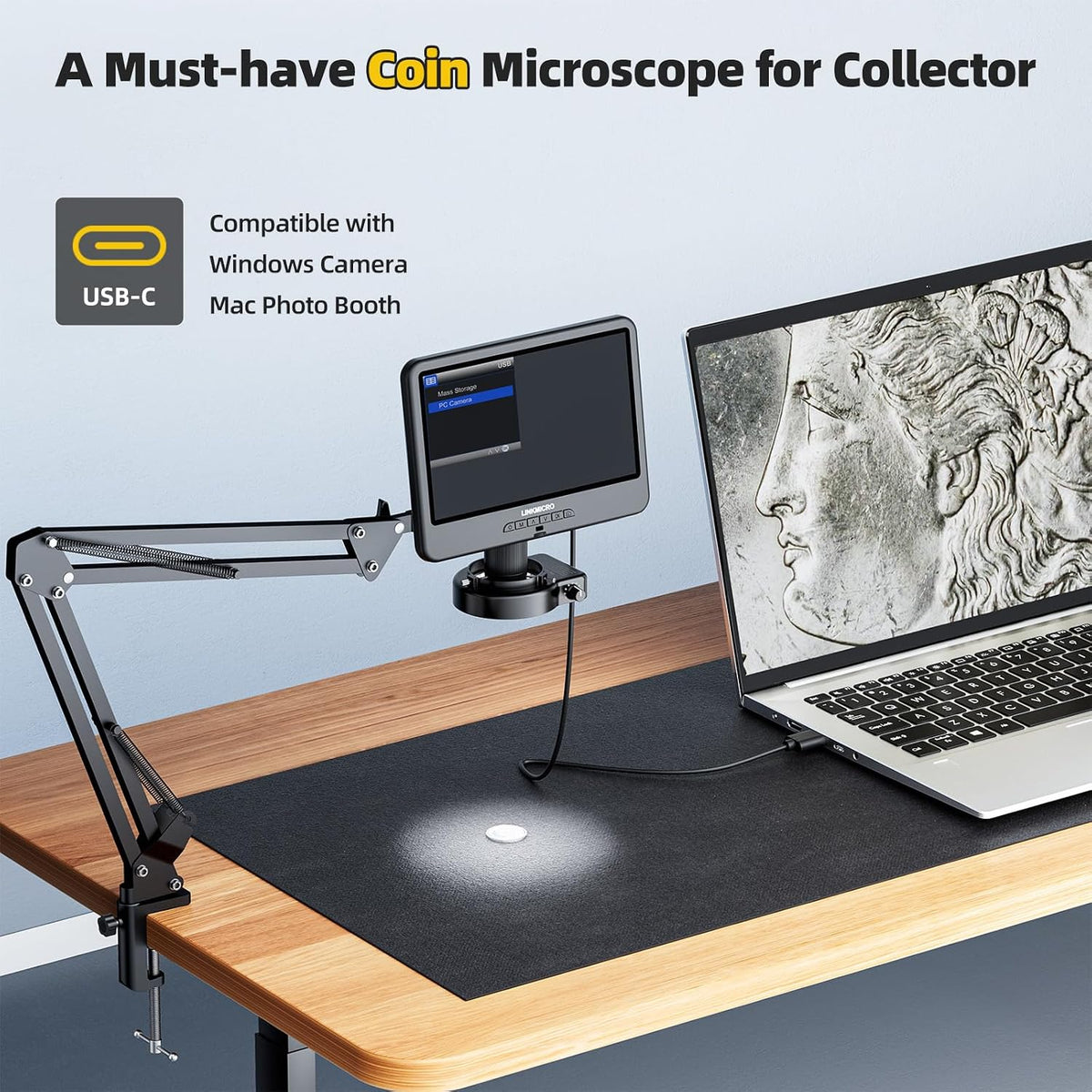 LM109A 10.1" Digital Microscope, Flexible Arm Stand with C-Clamp
