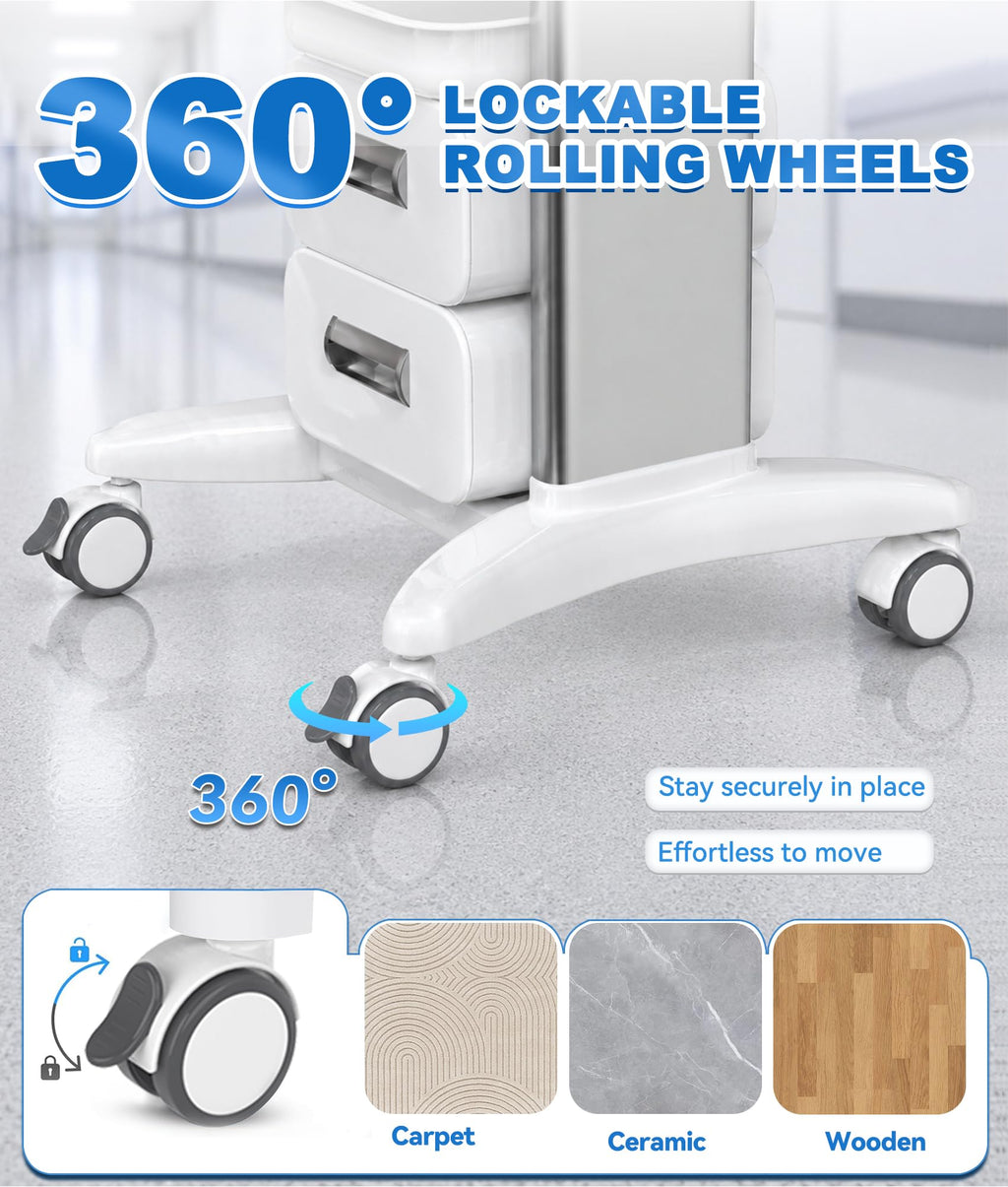 5-Tier Medical Storage Crash Cart with 4 Silent Wheels & 2 Trash Cans, Mobile Medical Utility Cart with Adjustable IV Pole and Disposal Holder for Clinic, Hospital, Salon, Lab