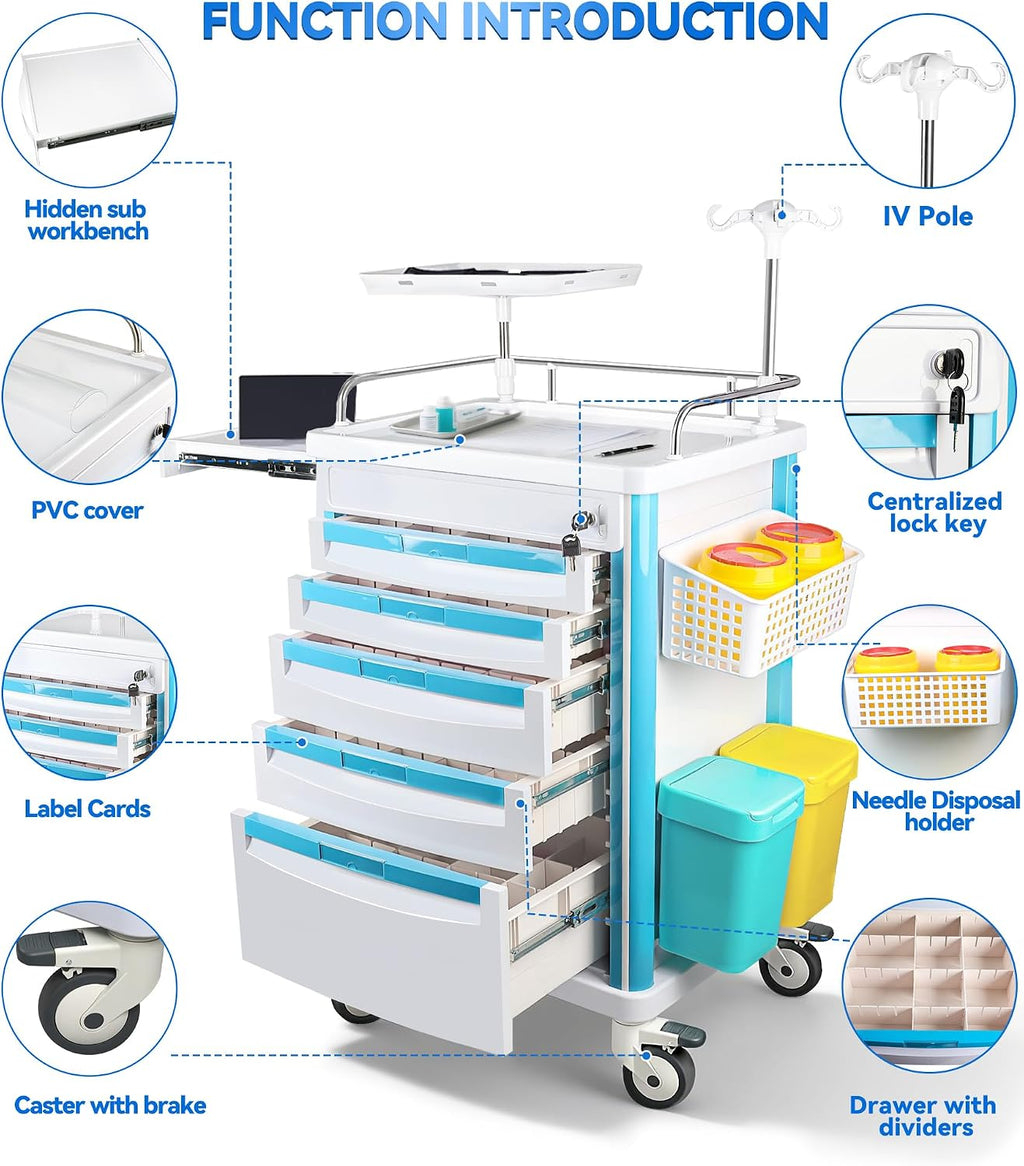Medical Rolling Crash Cart with 5 Drawers, Emergency Cart with Power Strip, Central Lock, IV Pole, O2 Holder, Defibrillator Shelf, CPR Board for Hospital Clinic