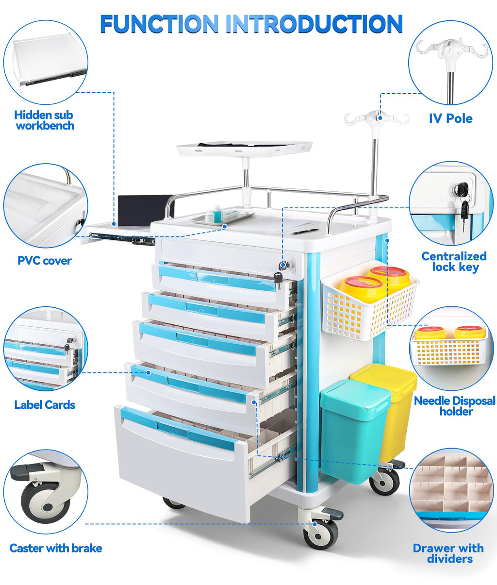 Medication Cart, Medical Rolling Storage Crash Cart with Wheels & Drawers, Ultrasound Nursing Emergency Cart with IV Pole,Casters, Holder, Trash Bin for Clinic, Hospital (24 * 22 * 28IN, 1 Drawer)