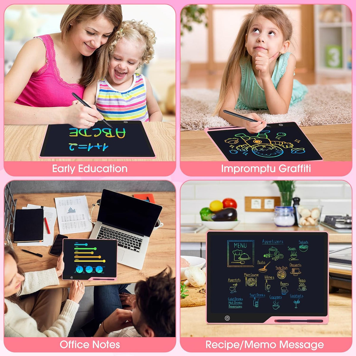 POPERFUN LCD Writing Tablet for Kids, Rechargeable Kids Drawing Pad 16 Inch Colorfuls Doodle Board, Kids Drawing Tablet Toys for Ages3 4 5 6 7 8 for Girls Boys Adults (Light Pink)