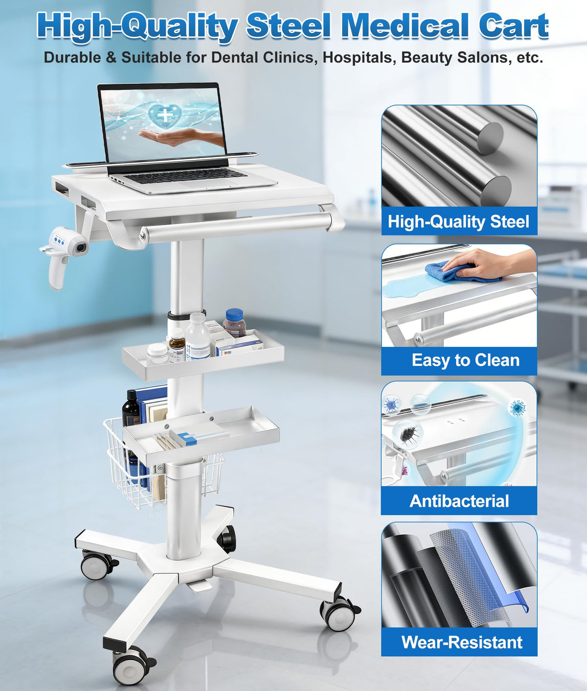 Medical Rolling Crash Cart with 5 Drawers, Emergency Cart with Power Strip, Central Lock, IV Pole, O2 Holder, Defibrillator Shelf, CPR Board for Hospital Clinic