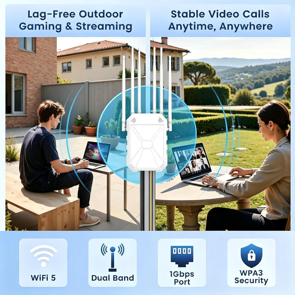 AC1200 Outdoor WiFi Extender, IP65 Weatherproof Long Range Booster for Yard Garage Farm RV, Access Point with PoE & 6 Antennas, Dual Band 2.4G/5G, WPA3, AP Repeater, Works with Starlink
