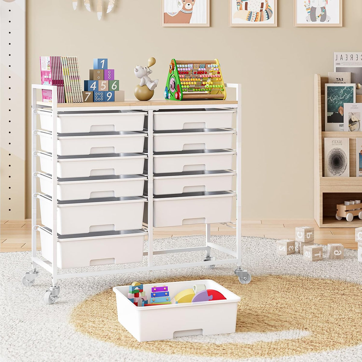 TOOLF 12 Drawers Rolling Storage Cart with Wooden Top for Classroom,White