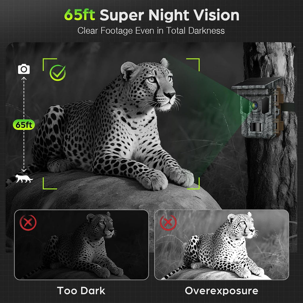 4K 64MP Solar Trail Camera WiFi, 32GB SD Card,Night Vision Motion Activated