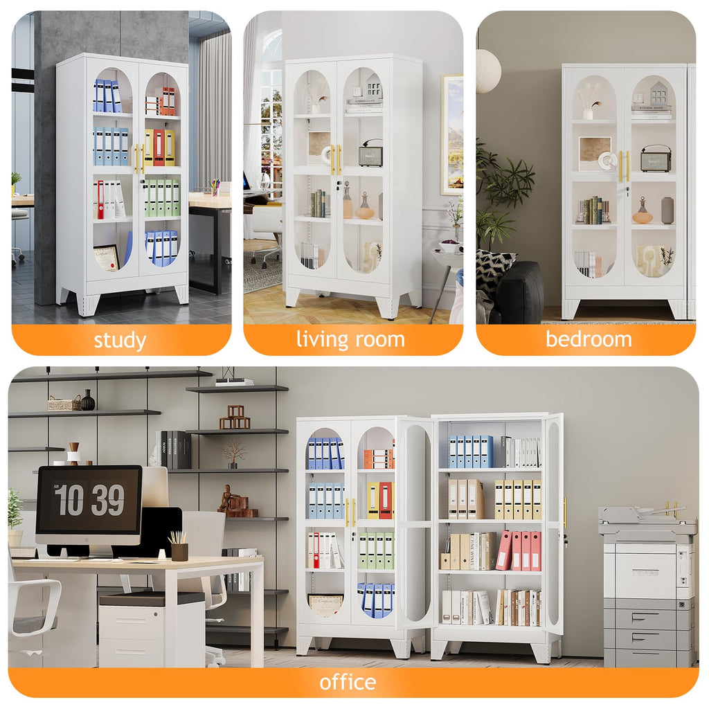 PAOFIN 47" H Locking Display Cabinet with Glass Door, Metal Cabinets with 3 Adjustable Shelves, Cabinet Display Case for Living Room, Collectibles, Clinic, Home - Assembly Required White