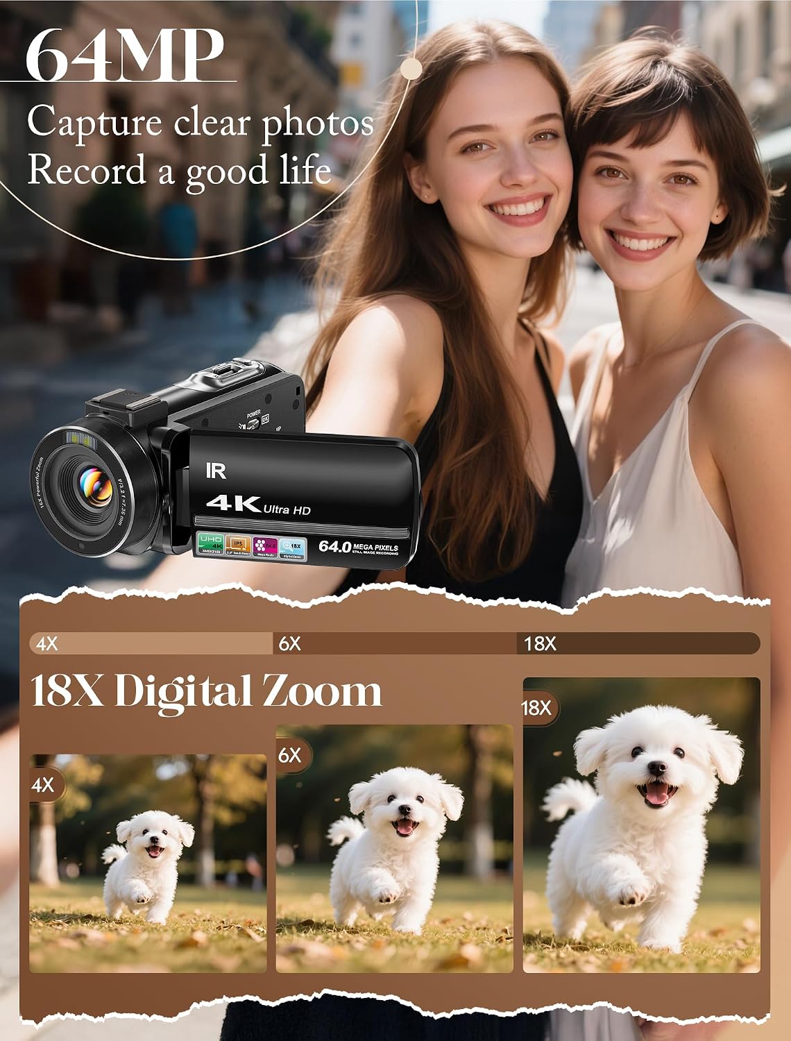 ZYDIIE 4K Video Camera Camcorder UHD 64MP Vlogging Camera for YouTube 18x Digital Zoom 3" 270Â° Rotation IPS Touchscreen Video Camcorder with Night Vision, Remote Control, 32GB Card, 2 Batteries