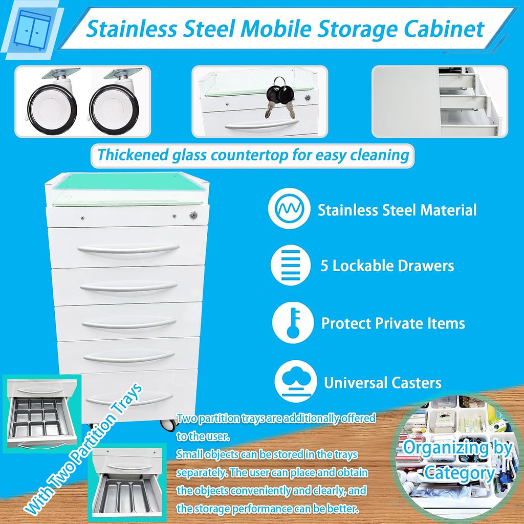 5-Drawer Mobile Storage Cabinet Stainless Steel Medical Storage Cart White Utility Trolley Cart with Glass Countertop, Lock, 2 Trays, Silent Gliding Rails for Home Clinic Hospital Office