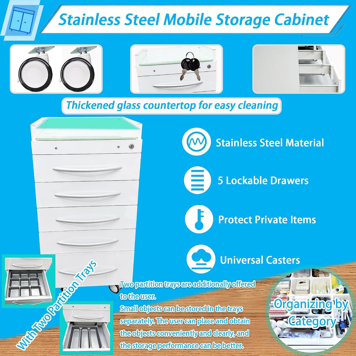 5-Drawer Mobile Storage Cabinet Stainless Steel Medical Storage Cart White Utility Trolley Cart with Glass Countertop, Lock, 2 Trays, Silent Gliding Rails for Home Clinic Hospital Office