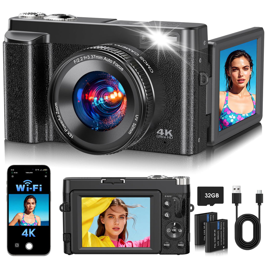 2026 Upgraded 64MP Digital Camera 4K WiFi 180Â° Flip Screen Autofocus, White