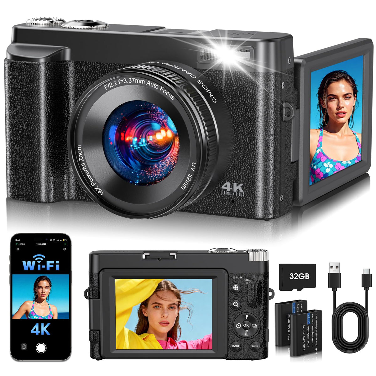 2026 Upgraded 64MP Digital Camera 4K WiFi 180Â° Flip Screen Autofocus, White