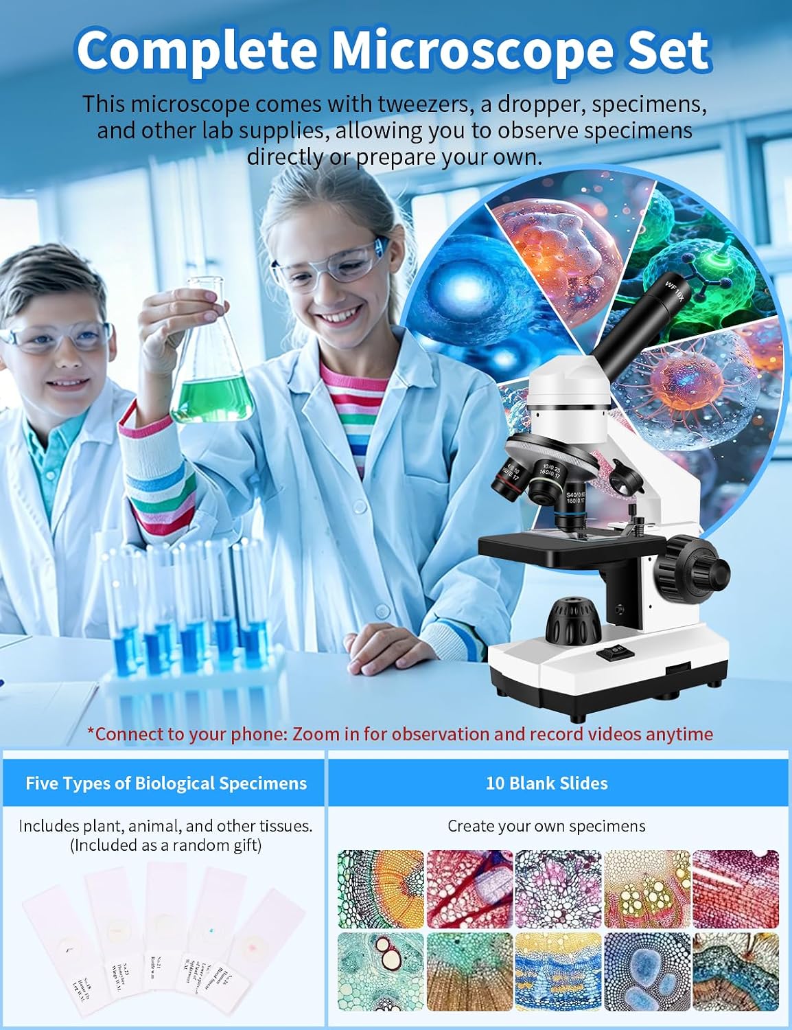 Microscope for Adults,WF10x/25x Eyepieces,40xâ2000x Magnification,Up/Down LED,Comes with a Free Experiment Kit & Phone Adapter.Suitable for Students Home and School Lab