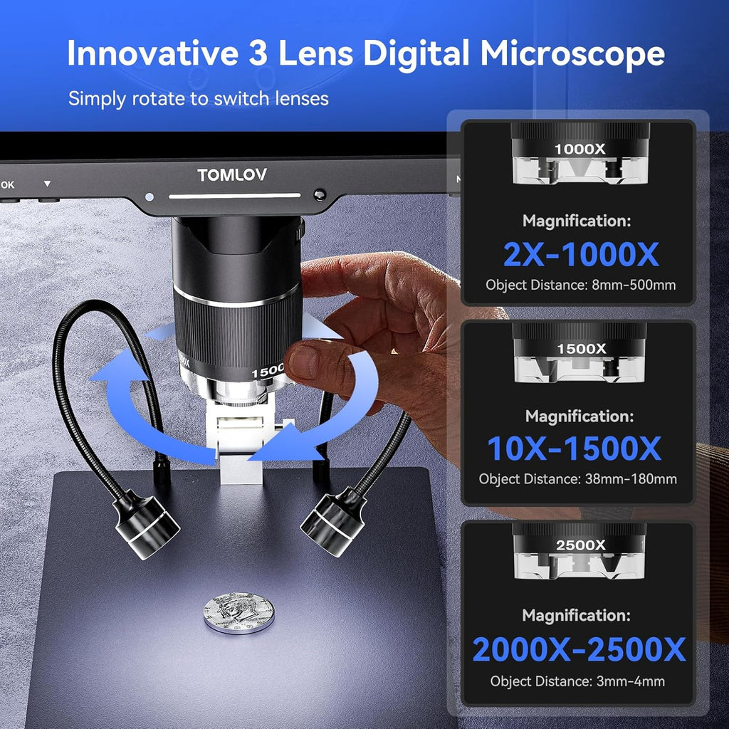 TOMLOV TriL110 3-Lens Digital Microscope 2500Xï¼Full View Coin Magnifier 10"