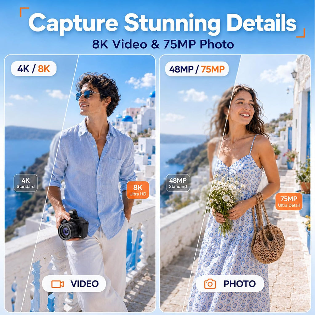 Vlogging Camera with Dual-View Recording, WiFi & Dual Cameras, 2000mAh, 8K