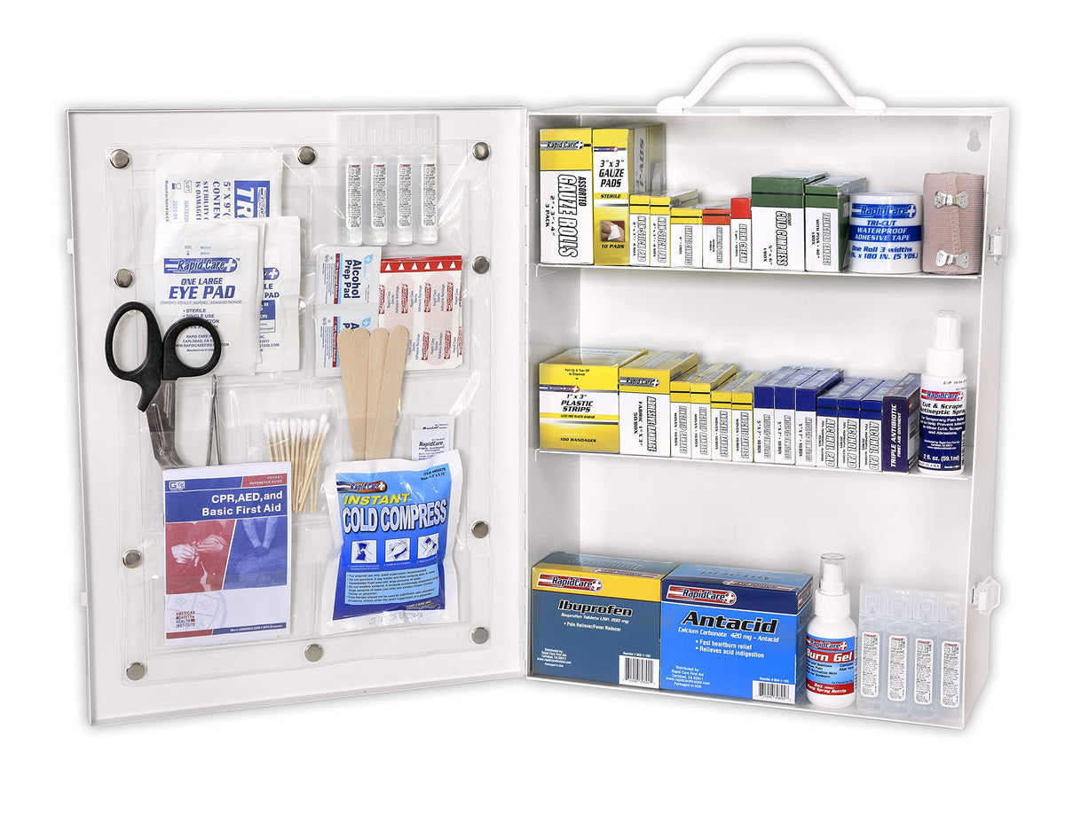 Rapid Care First Aid 80098 3 Shelf All Purpose First Aid Kit Cabinet, Class A+, Exceeds OSHA/ANSI Z308.1 2015, Wall Mountable