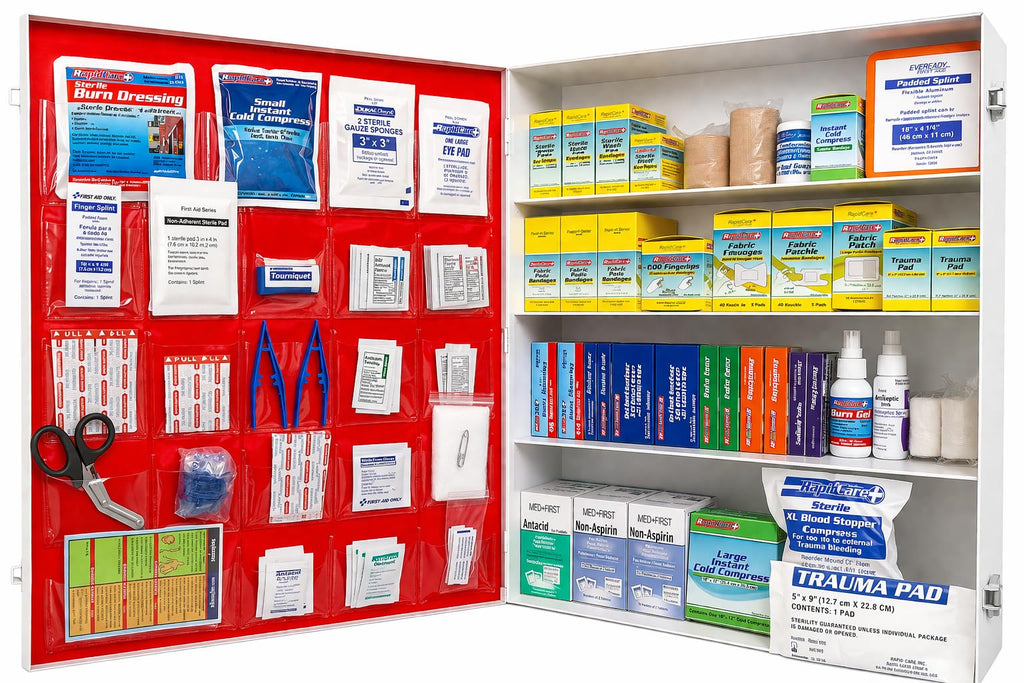 Rapid Care First Aid 80098 3 Shelf All Purpose First Aid Kit Cabinet, Class A+, Exceeds OSHA/ANSI Z308.1 2015, Wall Mountable