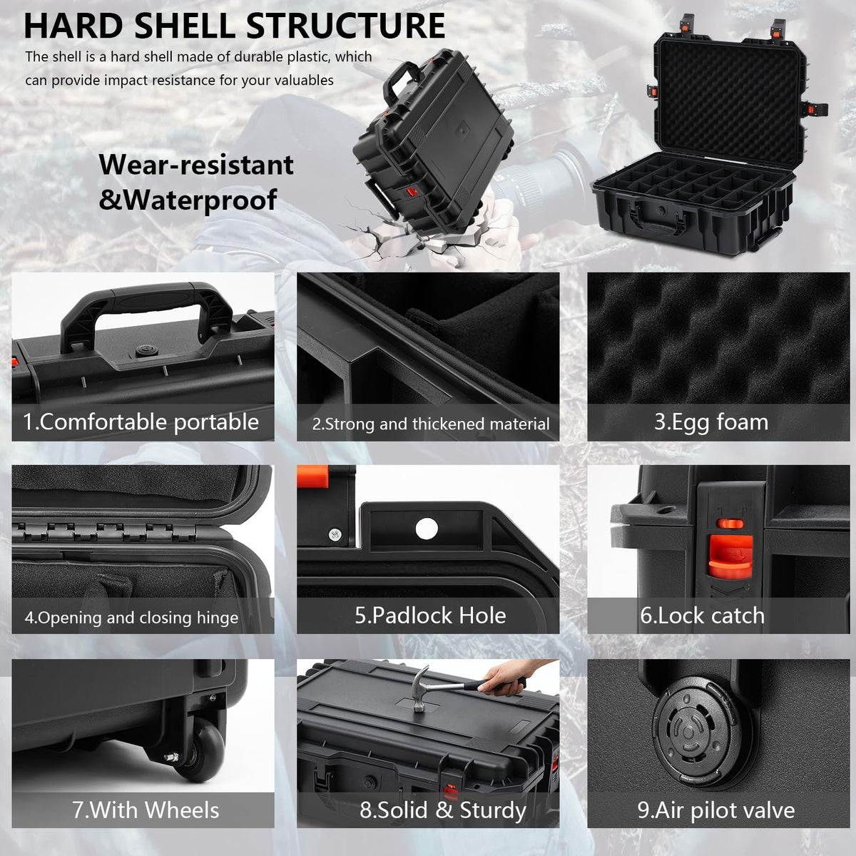 Relaxweex Rolling Camera Hard Case with 15 Padded Dividers & Wheels