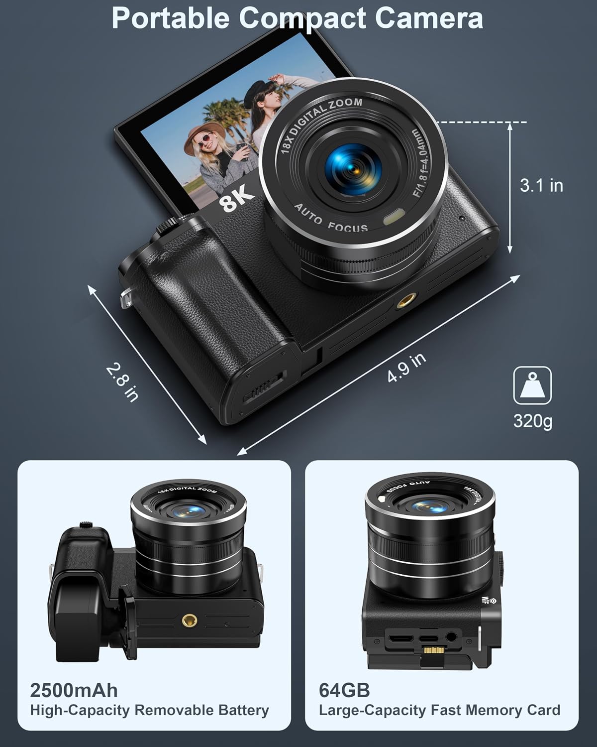 8K Digital Camera, 88MP WiFi Cameras for Photography, 3" 180Â° Flip Screen