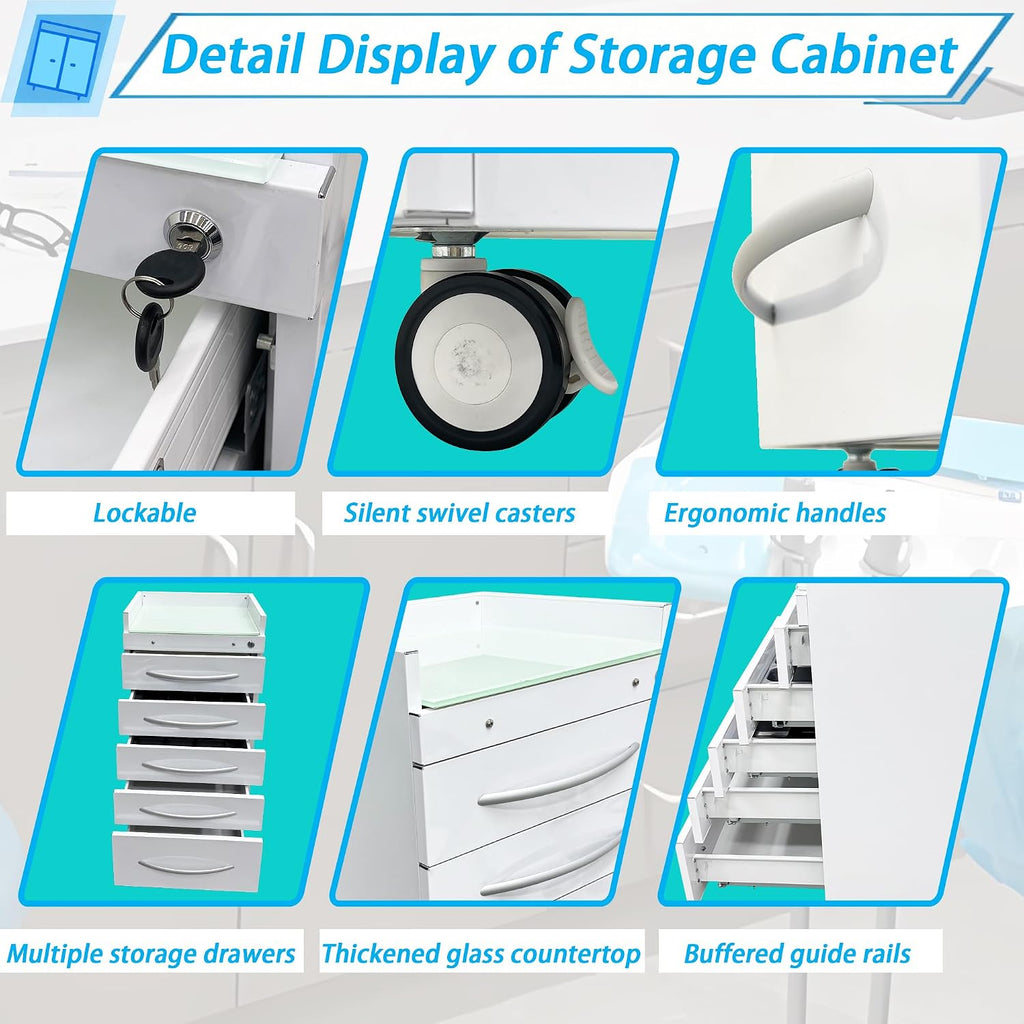 5-Drawer Mobile Storage Cabinet Stainless Steel Medical Storage Cart White Utility Trolley Cart with Glass Countertop, Lock, 2 Trays, Silent Gliding Rails for Home Clinic Hospital Office