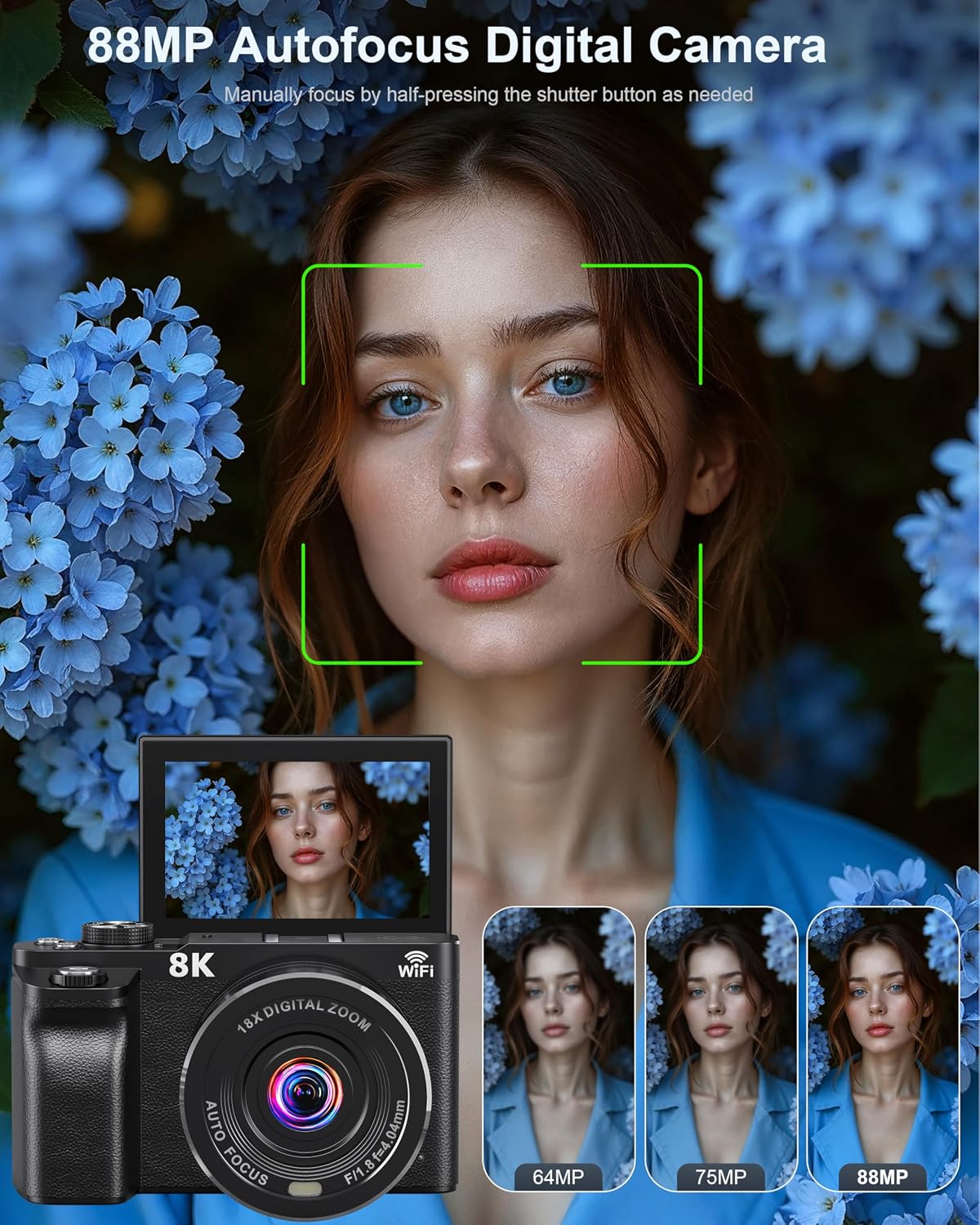 8K Digital Camera, 88MP WiFi Cameras for Photography, 3" 180Â° Flip Screen