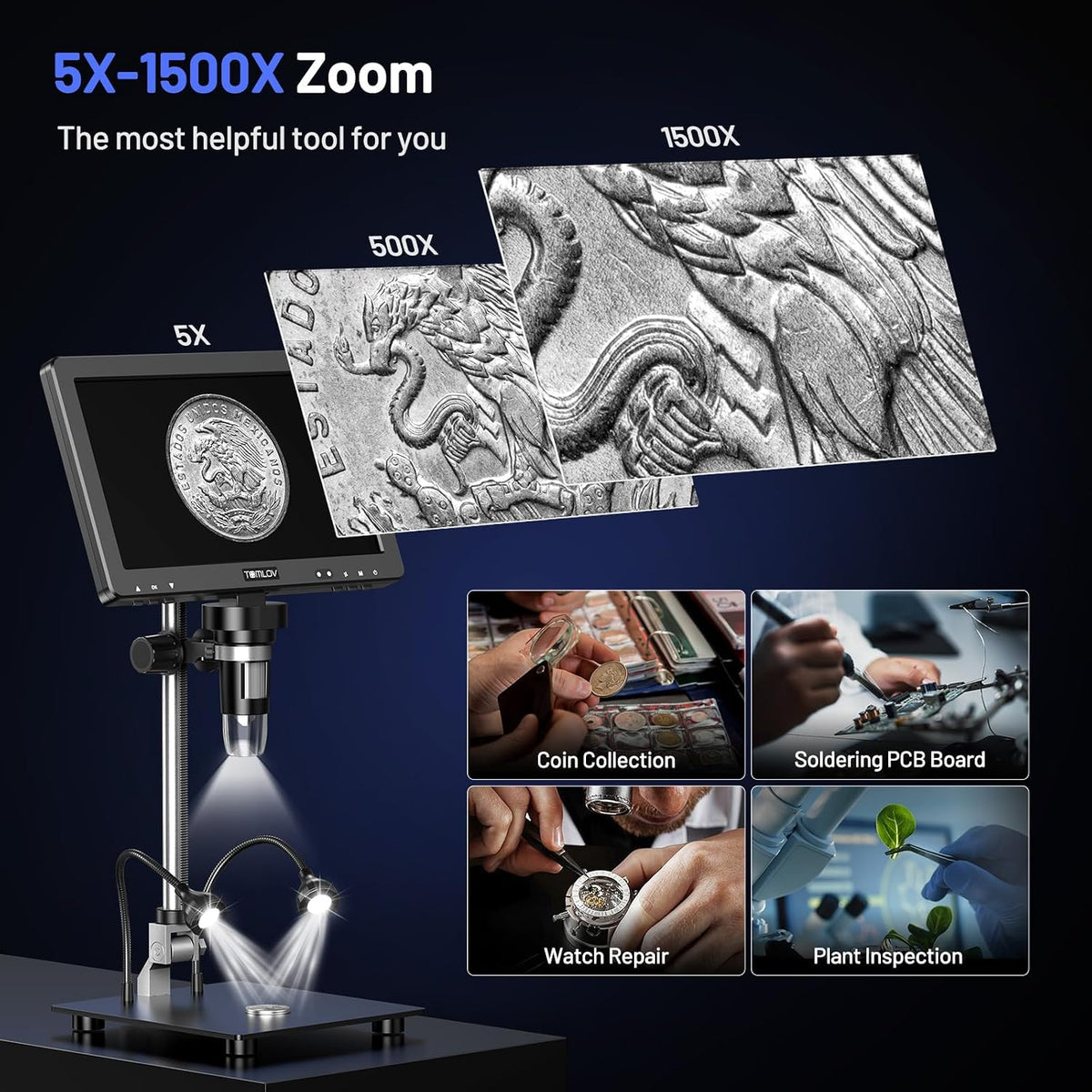 TOMLOV DM9 Max Digital Microscope: 20MP 10.1" 1500X HD IPS Coin Microscope Magnifier for Error Coins with Screen, LCD Soldering Microscopes for Adults, 10 LED Lights, PC/TV Compatible, 16GB