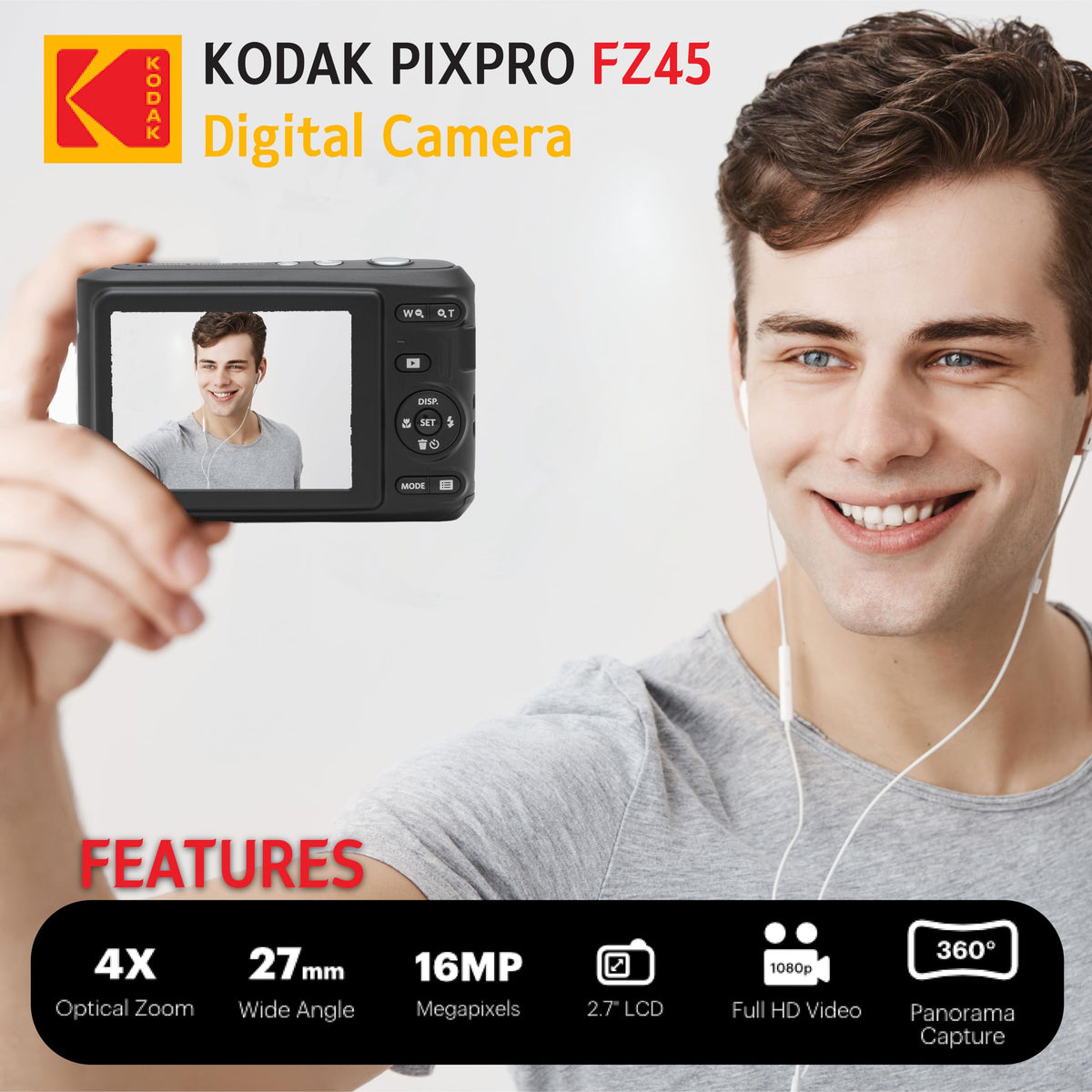 KODAK PIXPRO FZ45 16MP Digital Camera with 4X Optical Zoom 27mm Wide Angle and 2.7" LCD Screen Bundle with 32GB SD Memory Card, AA Batteries (4 Pack), Lens Cleaning Cloth (Red)