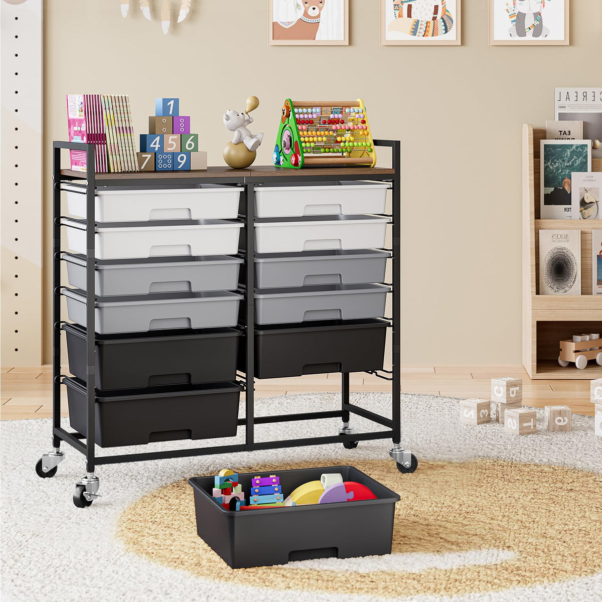 TOOLF 12 Drawers Rolling Storage Cart with Wooden Top for Classroom,White