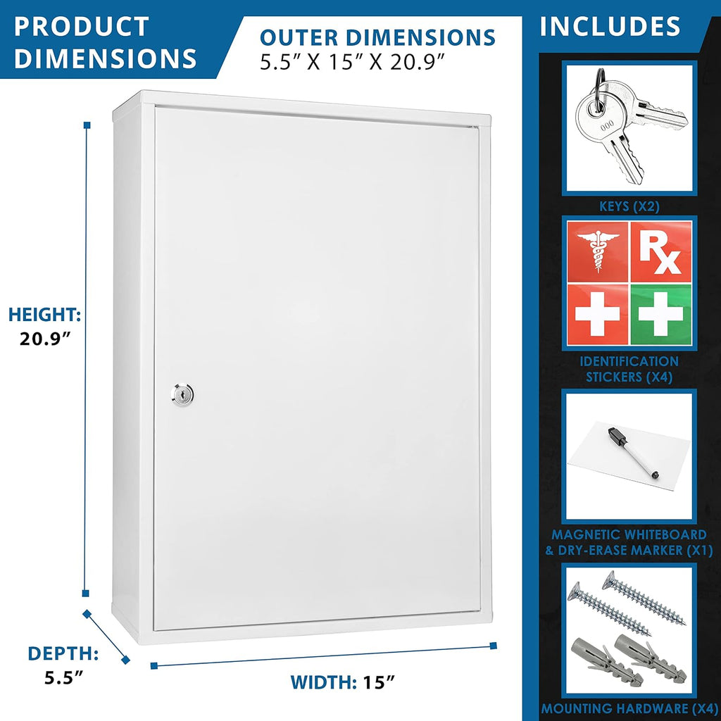 Barska Large Medical Cabinet â Locking Steel Medicine Storage Box with Shelves, Drop-Down Tray, Magnetic Dry Erase Pad, and Wall Mounting Holes - medicine cabinet organizer - Lock Box First Aid