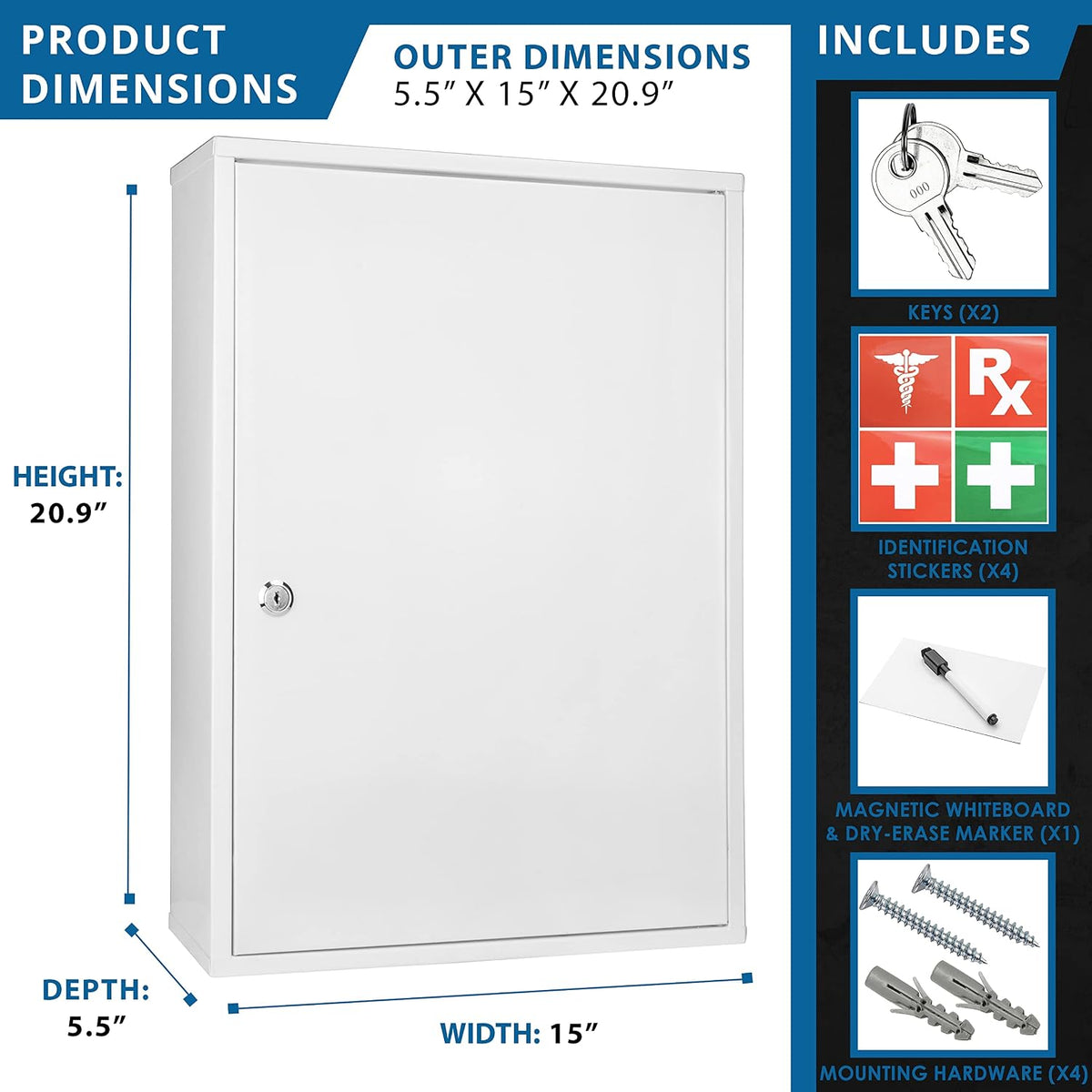 Barska Large Medical Cabinet â Locking Steel Medicine Storage Box with Shelves, Drop-Down Tray, Magnetic Dry Erase Pad, and Wall Mounting Holes - medicine cabinet organizer - Lock Box First Aid