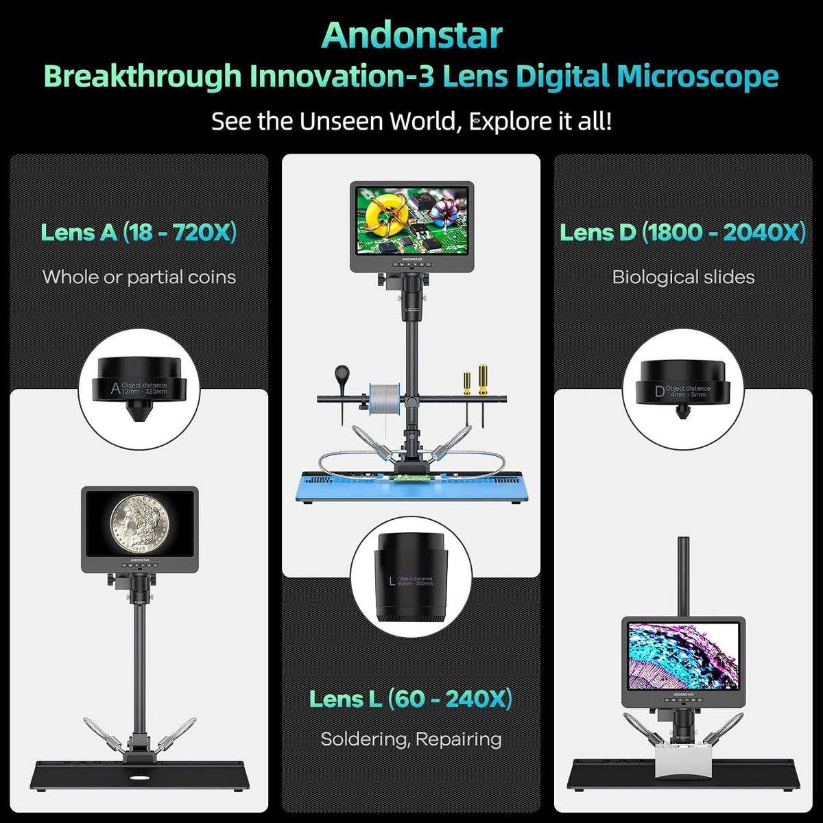 Andonstar AD249S-Max 10.1'' HDMI Digital Microscope 2000X 3 Lens