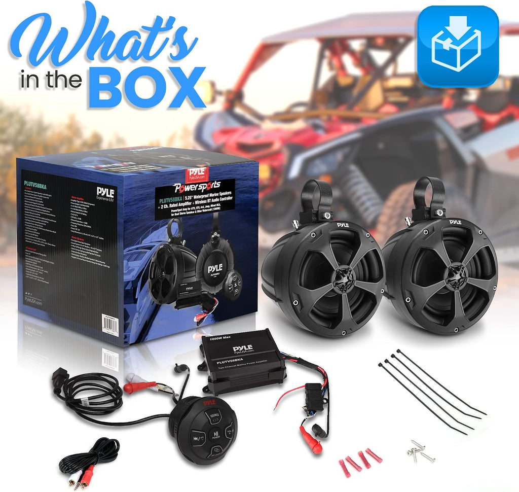 5.25'' Water Resistant Marine Speaker - 1000 Watt Amplifier + Wireless BT Audio Controller, Applicable to ATV, UTV, 4x4, Wired RCA, for Boat Stereo Speaker & Other Watercraft