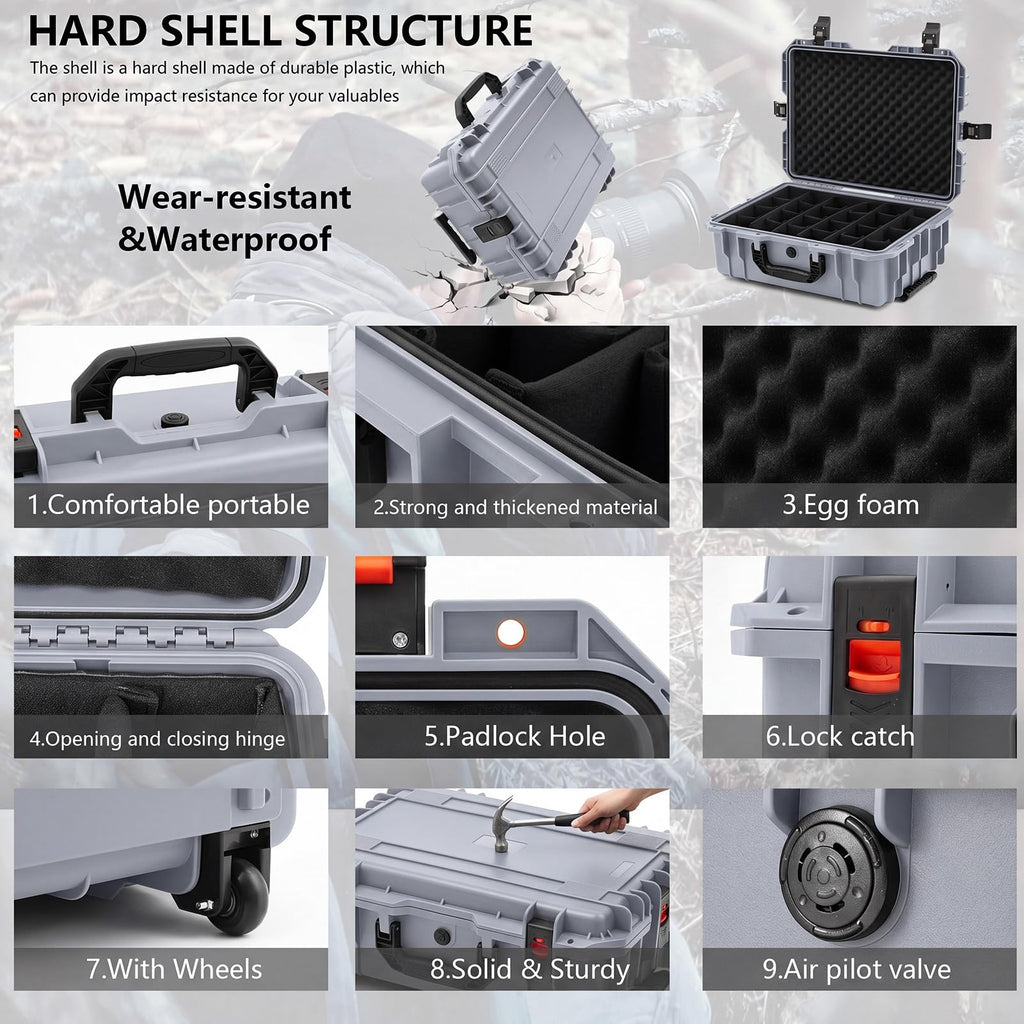 Relaxweex Rolling Camera Hard Case with 15 Padded Dividers & Wheels
