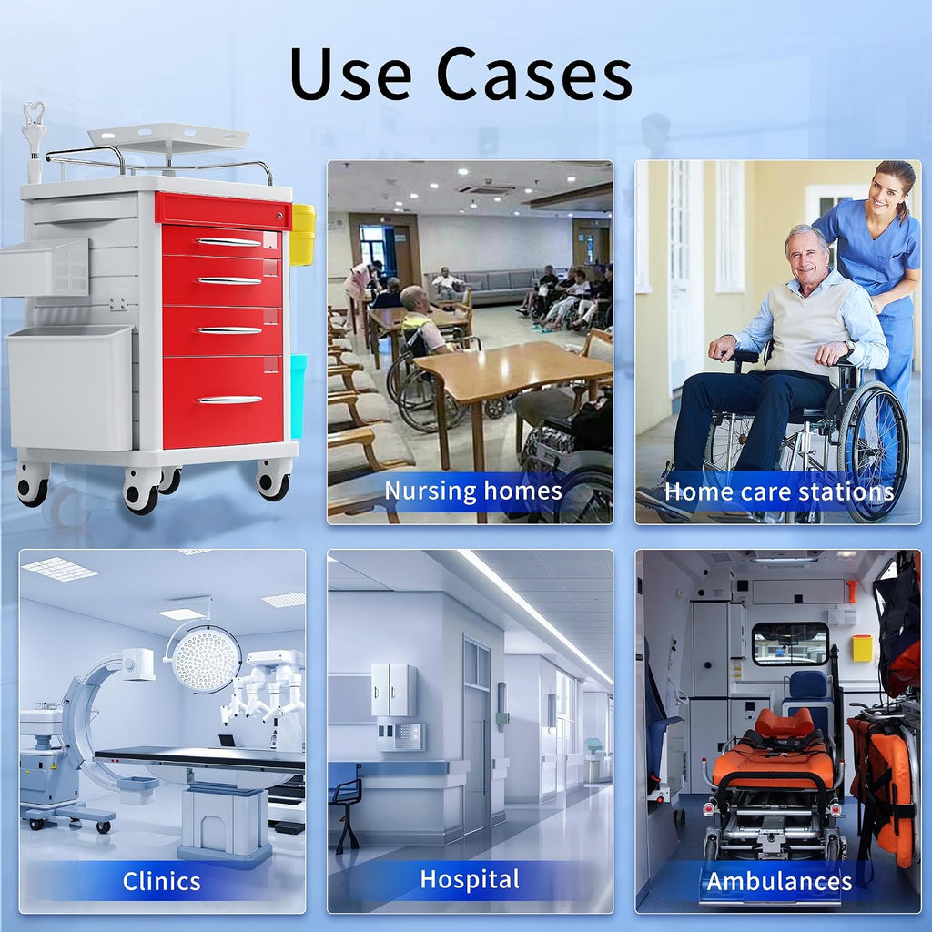 Medical Rolling Crash Cart, Mobile Medical Cart for Clinic, Hospital, Nursing Center with Integrated Medical Countertop -2 Trash Bin, Power Strip, Drawers with Dividers