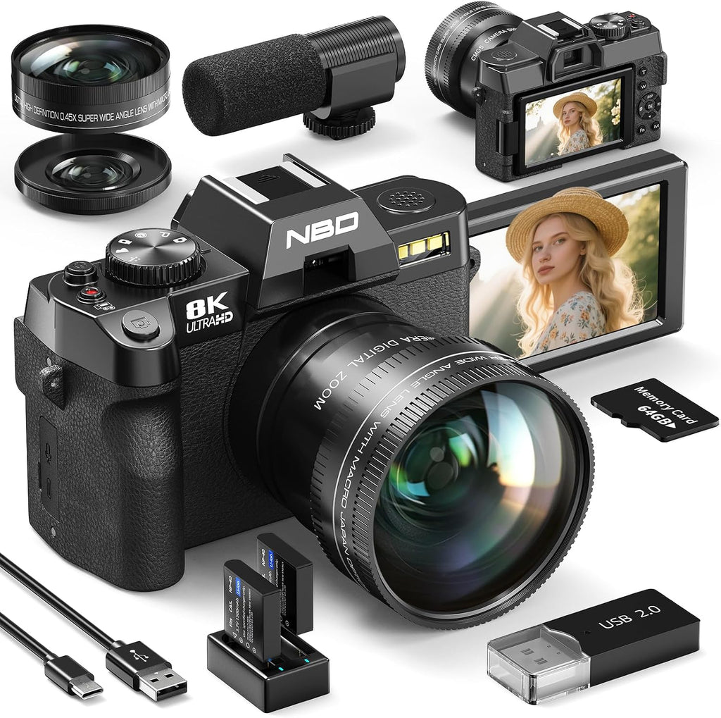 8K Digital Camera 64MP with WiFi & 180Â° Flip Screen, F1.8 Lens 16X Zoom Vlogging Camera for YouTube, Dual Battery 200Mins Recording, External Mic, 64GB TF Card for Beginners Travel (Black)