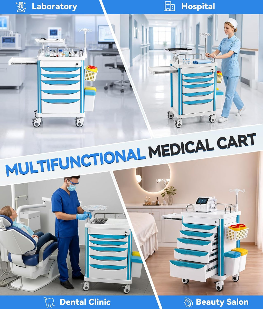 Medical Crash Cart Rolling Emergency with 5 Drawers & Wheels, Mobile Nursing Cart Featuring Power Strip, Hospital Ultrasound cart with IV Pole, Needle Disposal, O2 Holder for Hospital & Clinic