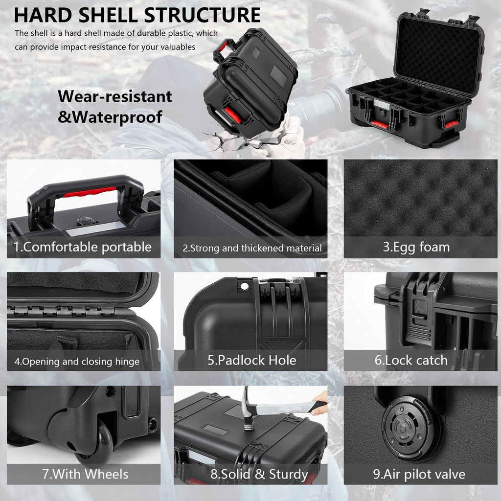 Relaxweex Rolling Camera Hard Case with 15 Padded Dividers & Wheels