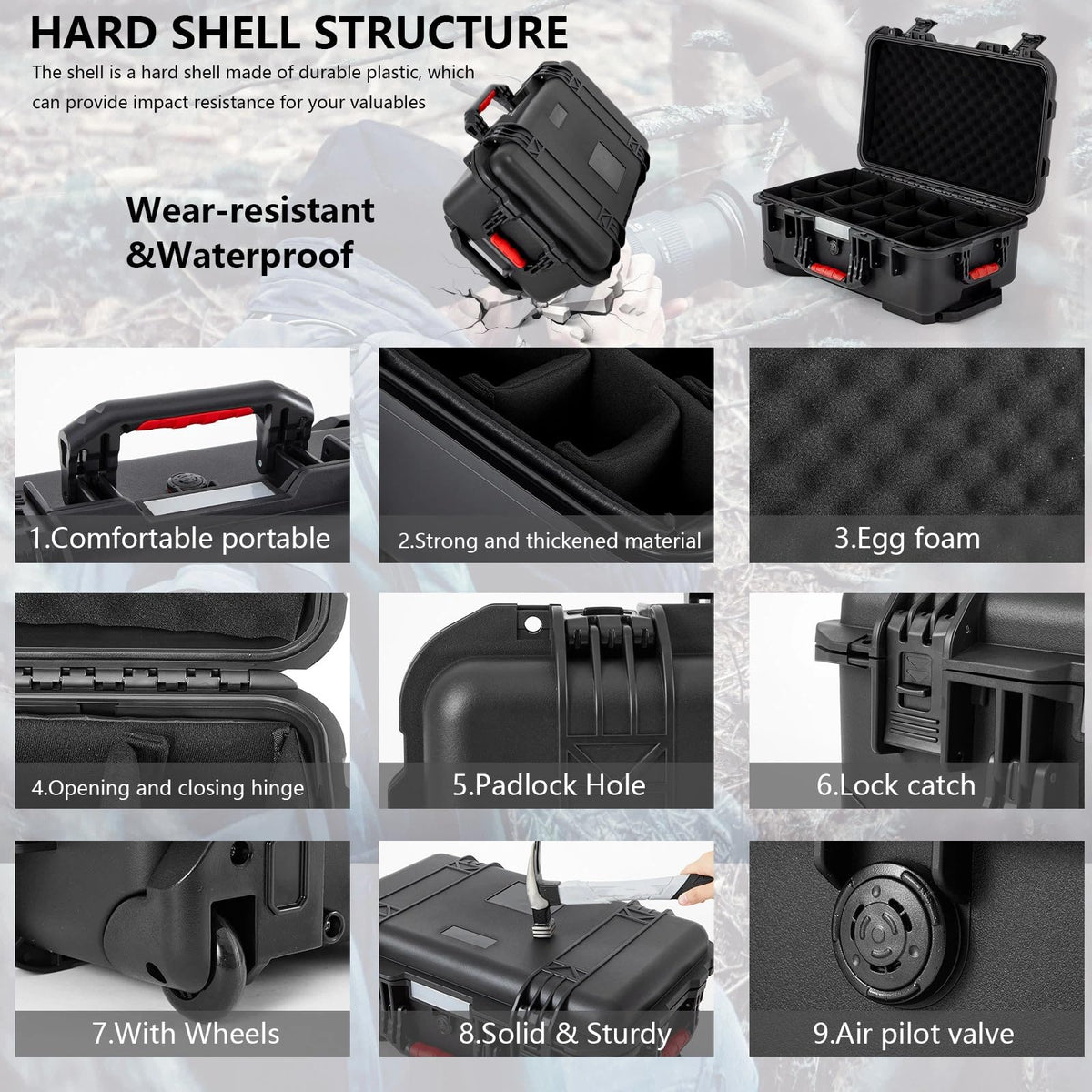 Relaxweex Rolling Camera Hard Case with 15 Padded Dividers & Wheels