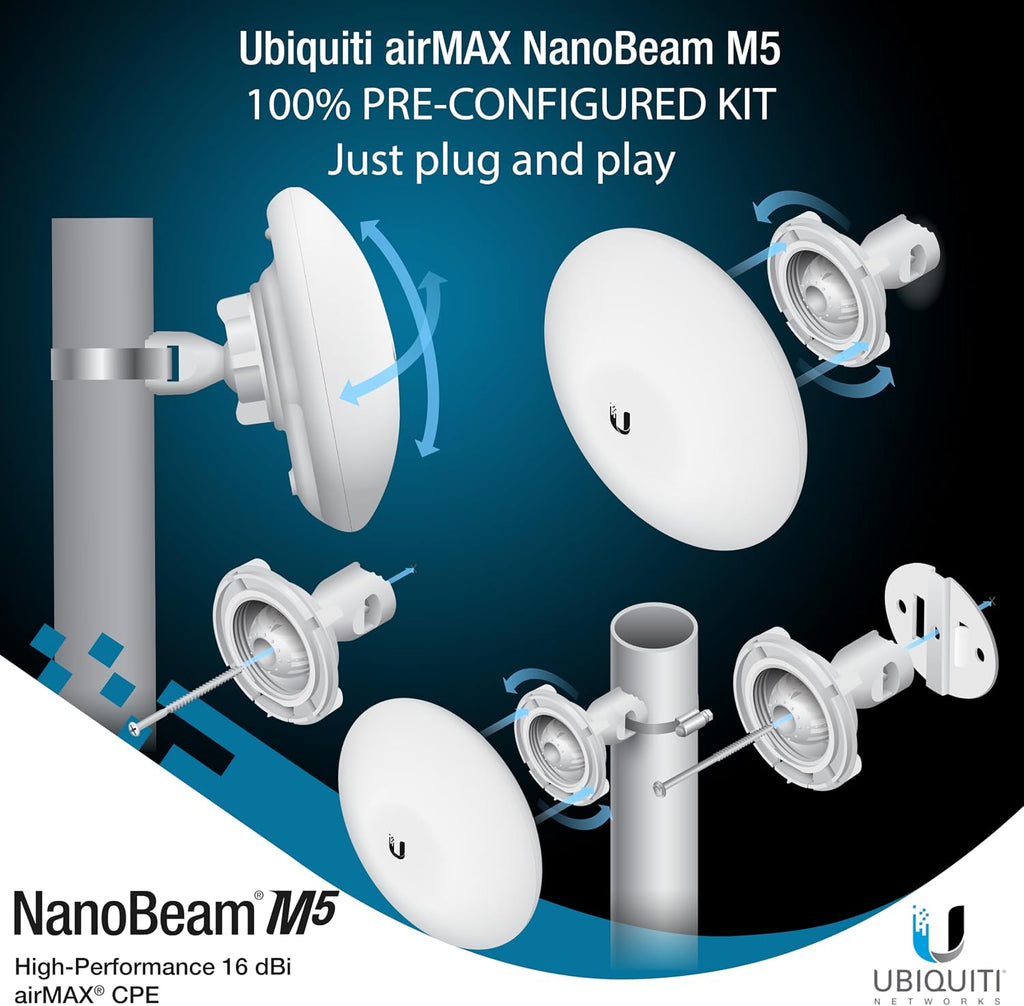 Wireless Bridge Ubiquiti NBE-M5-16 PRE-CONFIGURED, Bundle of 2 Ubiquiti NanoBeam M5, Point to Point Outdoor WiFi Bridge, Plugh and Play, 5GHz, 150+Mbps, 15+km Link Range, Network Bridge