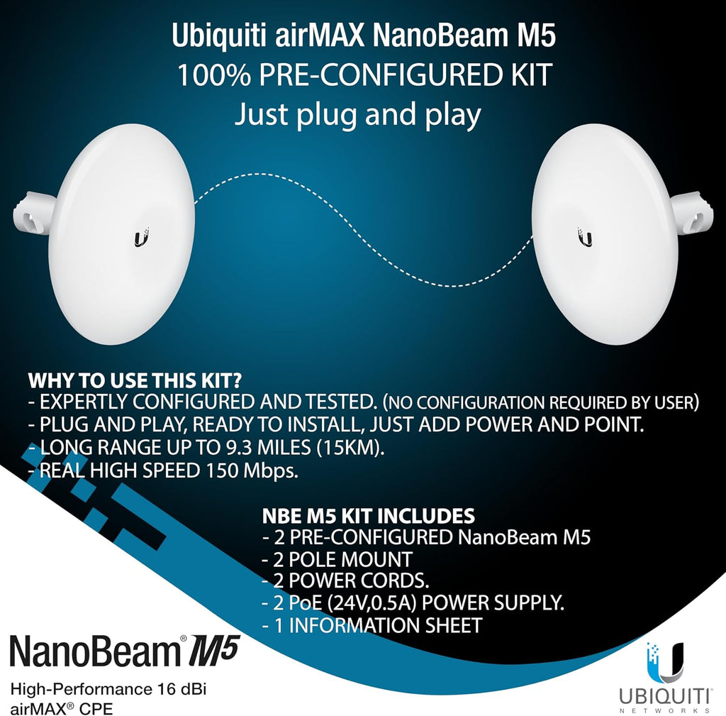 Wireless Bridge Ubiquiti NBE-M5-16 PRE-CONFIGURED, Bundle of 2 Ubiquiti NanoBeam M5, Point to Point Outdoor WiFi Bridge, Plugh and Play, 5GHz, 150+Mbps, 15+km Link Range, Network Bridge