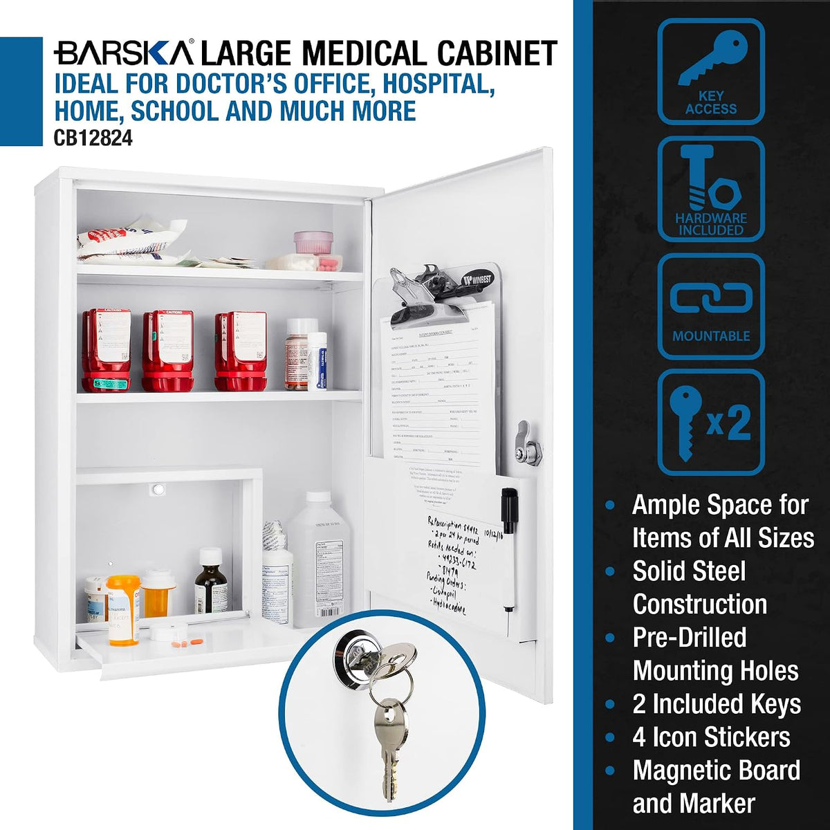 Barska Large Medical Cabinet â Locking Steel Medicine Storage Box with Shelves, Drop-Down Tray, Magnetic Dry Erase Pad, and Wall Mounting Holes - medicine cabinet organizer - Lock Box First Aid