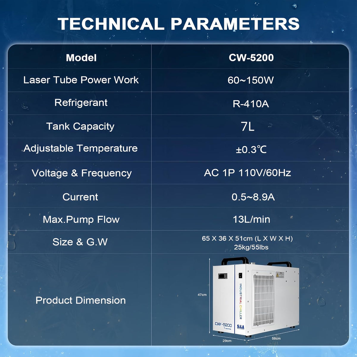 S&A CW-5200DH 7L Industrial Water Chiller,0.9HP,3.43gpm,5699 BTU/h,for 60W to 150W CO2 Laser Engraving & Cutting Systems