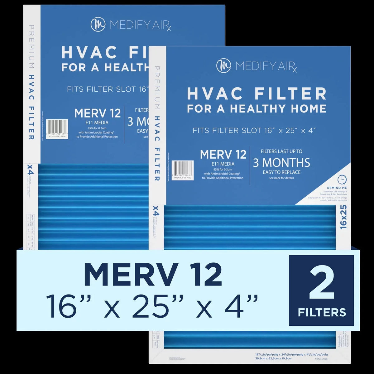 Medify Air 16X25X4 Merv 12 Air Pleated Filter 95% Particles Hepa Air Cleaning (Merv 12, 2-Pack)