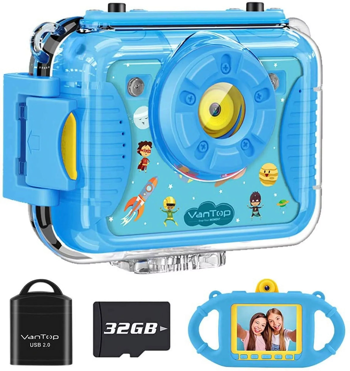 / 4 2.4 with Extra 1080P Camera K8 Silicon Screen, Video Junior 32GB Large Case Waterproof Fill Kids Recognition, Light, Selfie Face Blue inch Memory Kid-Proof 8MP Camera Games, Supported VanTop Card,