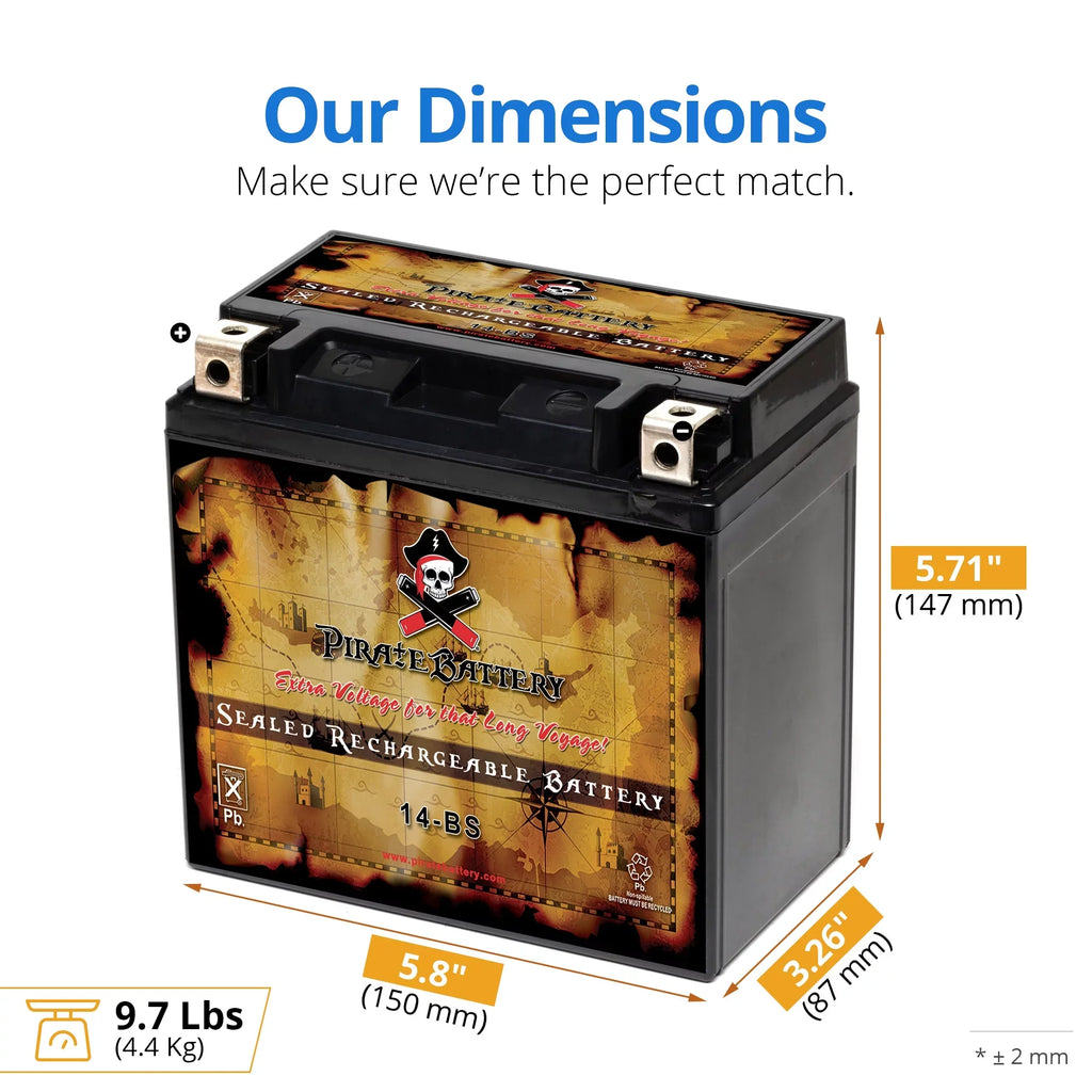 Pirate Battery Ytx14-Bs (14-Bs 12 Volt,12 Ah, 200 Cca) Motorcycle Battery For Honda 1100Cc Vt1100C, C3, T Shadow (Spirit, Aero, A. C. E. Tourer) 2005