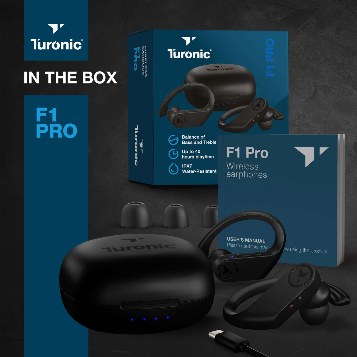 F1 IPX7 Headphones 45H Turonic True Earphones Pro Playtime, Wireless with Sport for - Charging Wireless - - Earbuds Black Gym, - w/Microphone Running, case, Earhook Waterproof Workout Mic, Bluetooth