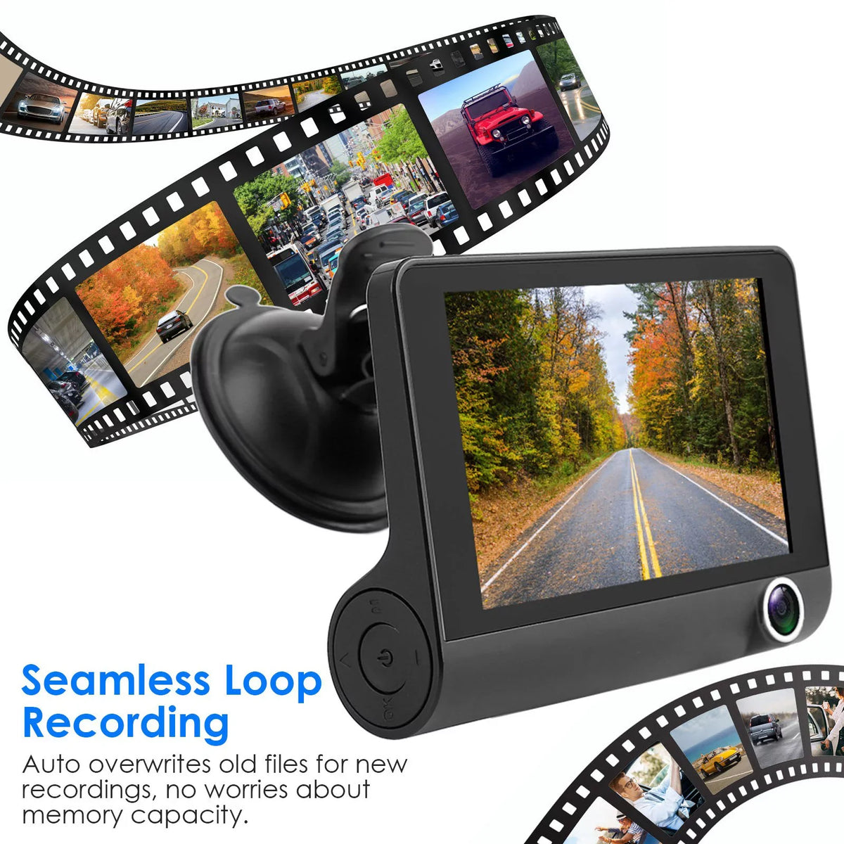 Imountek Dash Cam For Cars, 1296P Full Hd Dash Camera With 4Inch Lcd Display, 3 Channel Dash Cam With Night Vision, Driving Recorder