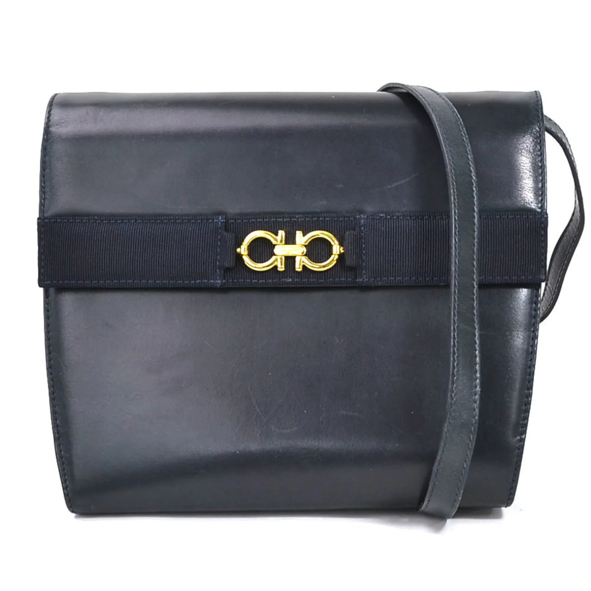 Gancini Bag Leather Navy Pre-Owned Salvatore Shoulder Ferragamo (Good) Gold Ladies
